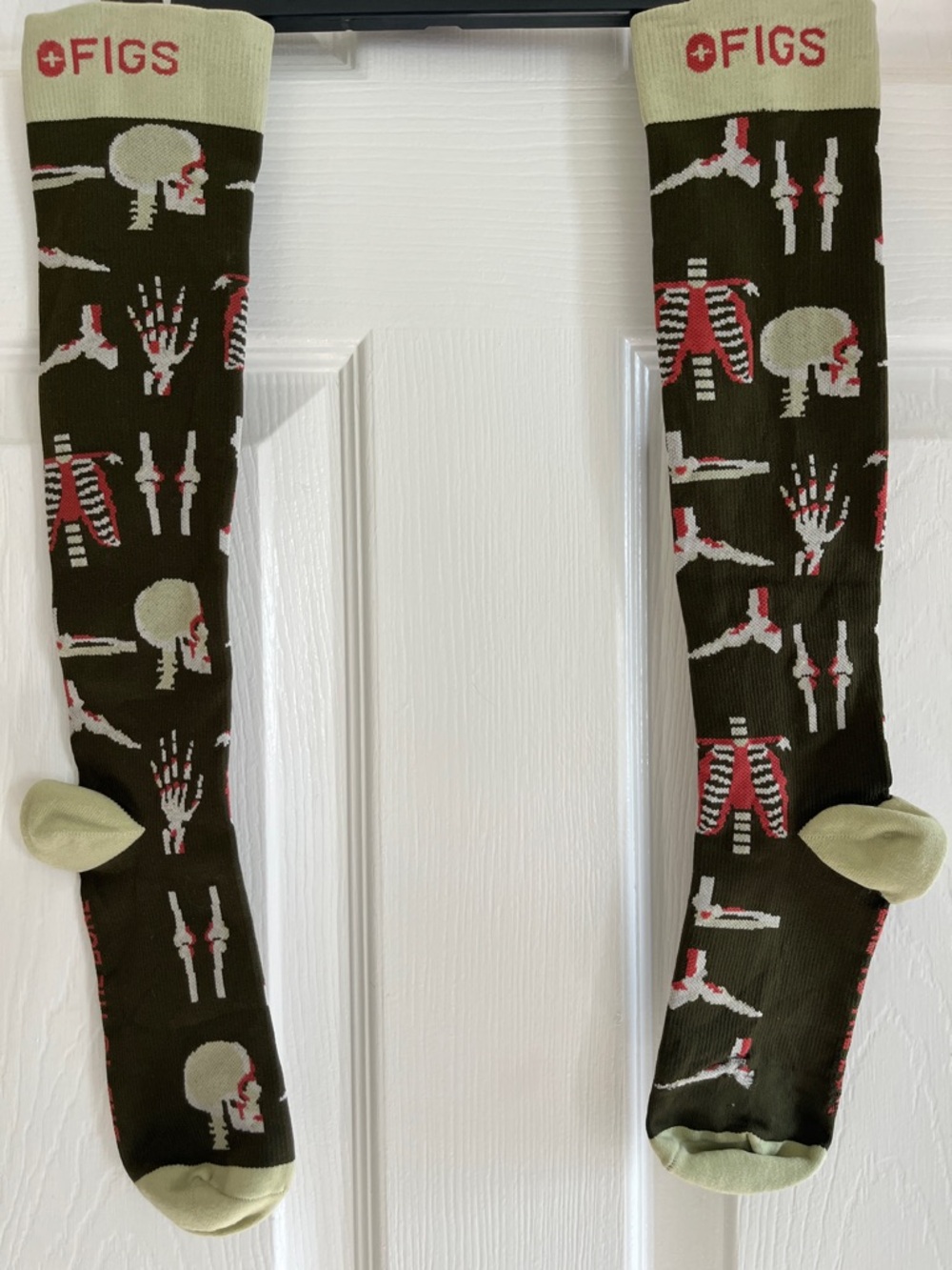 FIGS Olive and Cream Skeleton Compression Socks with Red Bone Accents-Medium